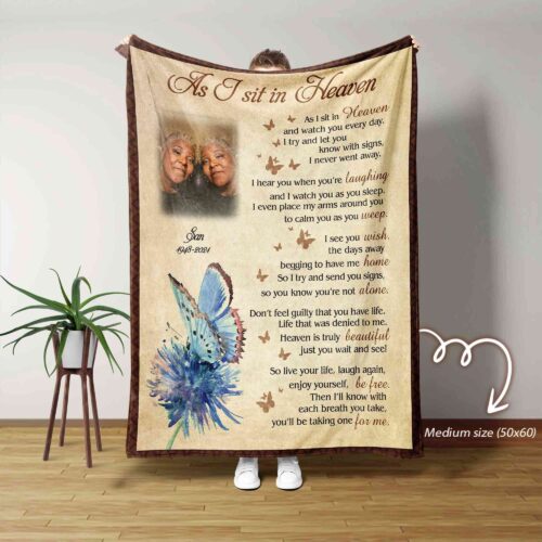 As I Sit In Heaven Blanket, Butterfly Blanket, Personalized Name Blanket, Custom Photo Blanket, Memorial Blanket, Family Throw Blanket